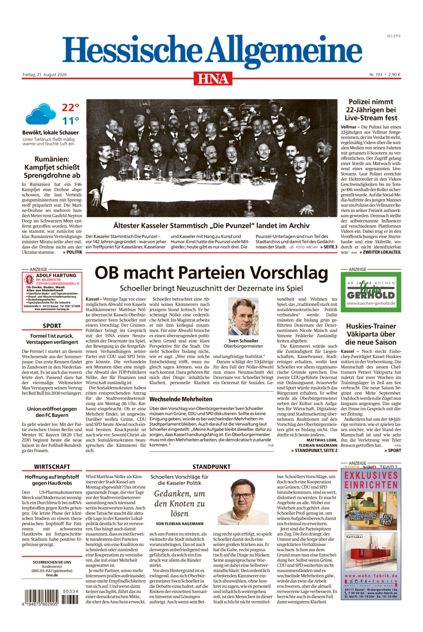 Hessische Allgemeine (Kassel-Süd) vom Freitag, 21.08.2026