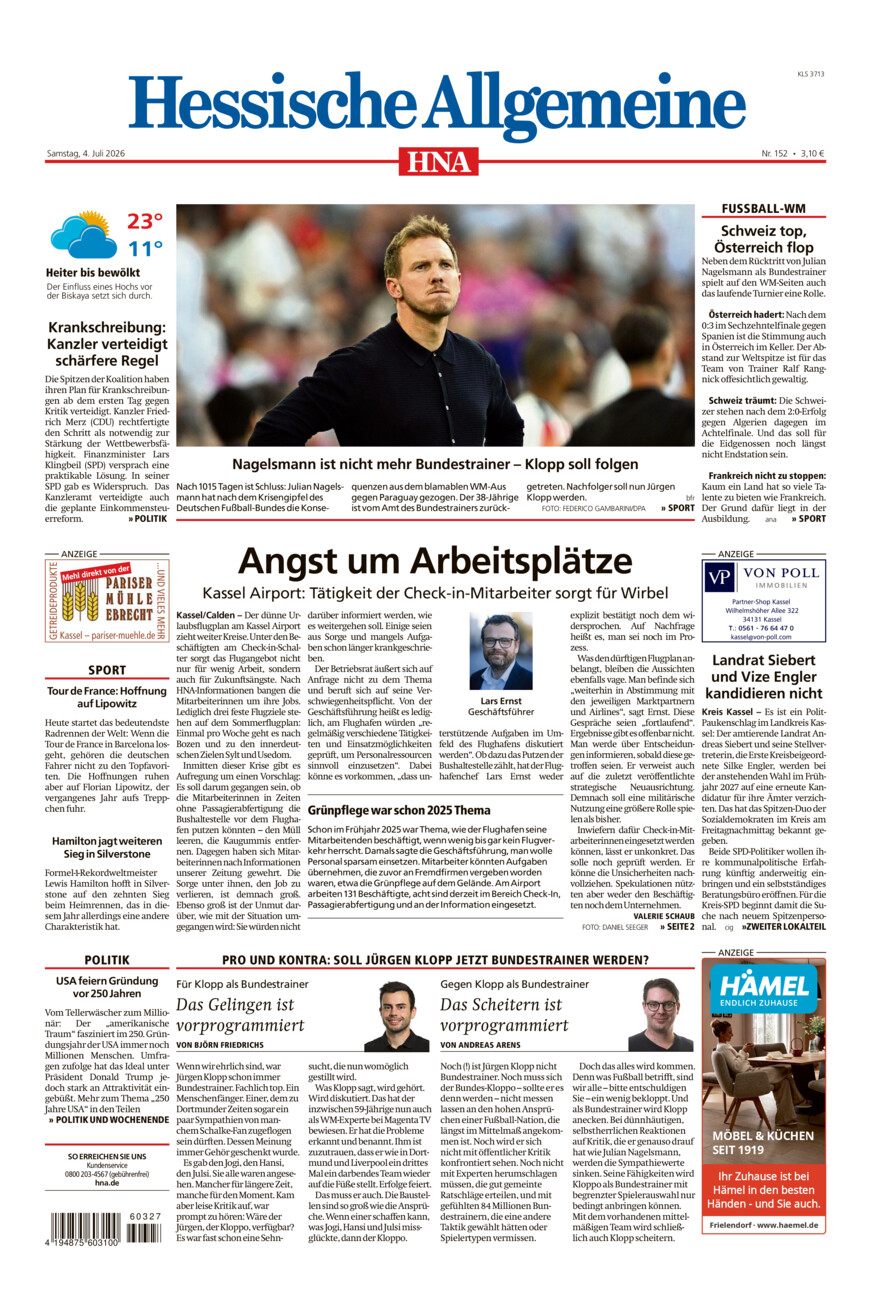 Hessische Allgemeine (Kassel-Süd) vom Samstag, 04.07.2026