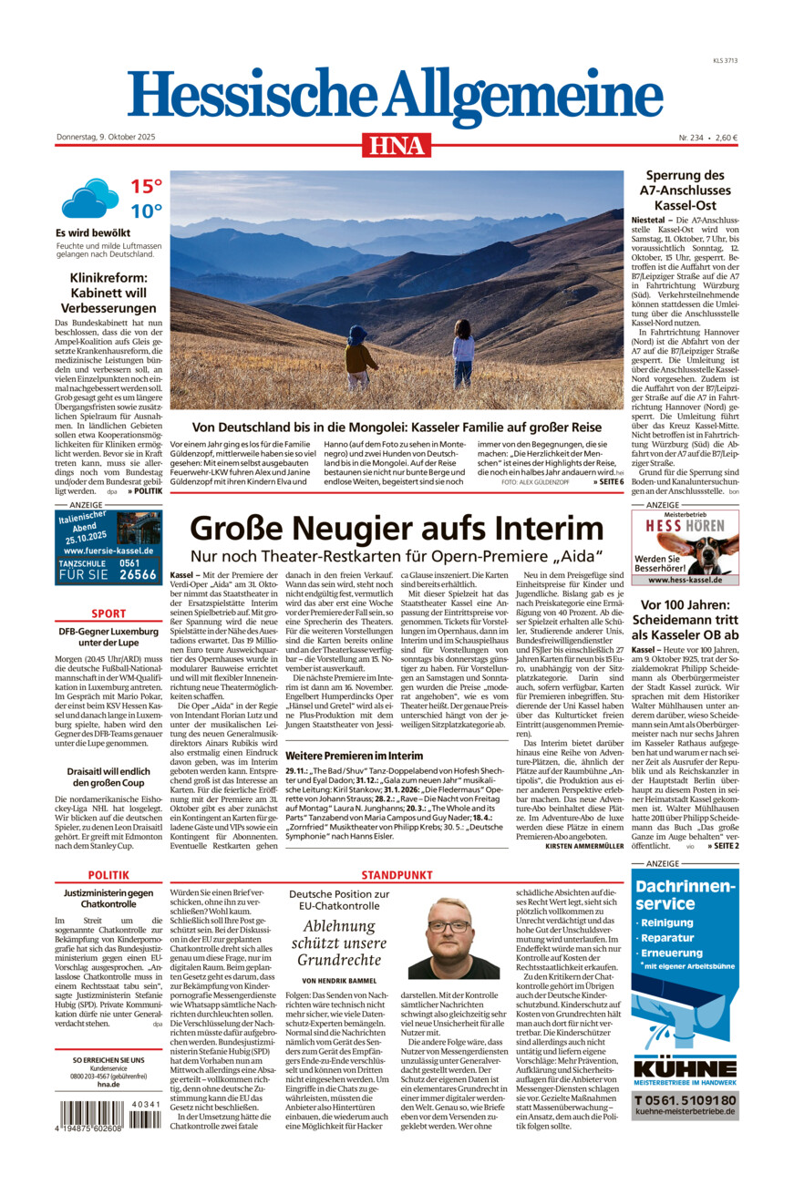Hessische Allgemeine (Kassel-Süd) vom Donnerstag, 09.10.2025