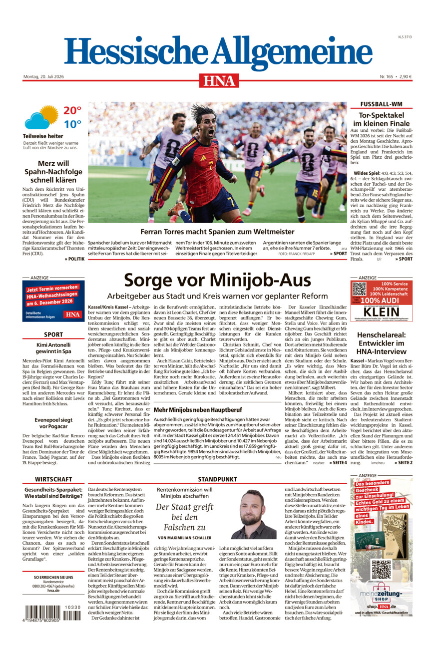 Hessische Allgemeine (Kassel-Süd) vom Montag, 20.07.2026