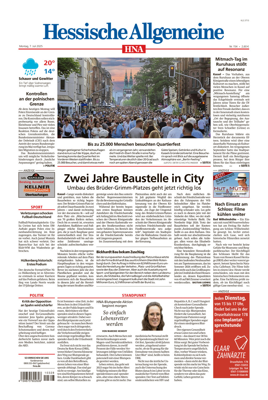 Hessische Allgemeine (Kassel-Süd) vom Montag, 07.07.2025