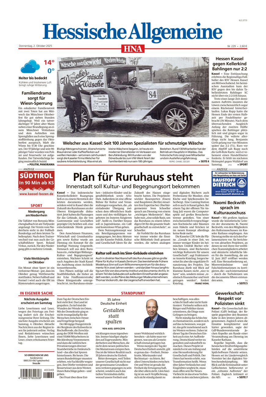 Hessische Allgemeine (Kassel-Süd) vom Donnerstag, 02.10.2025