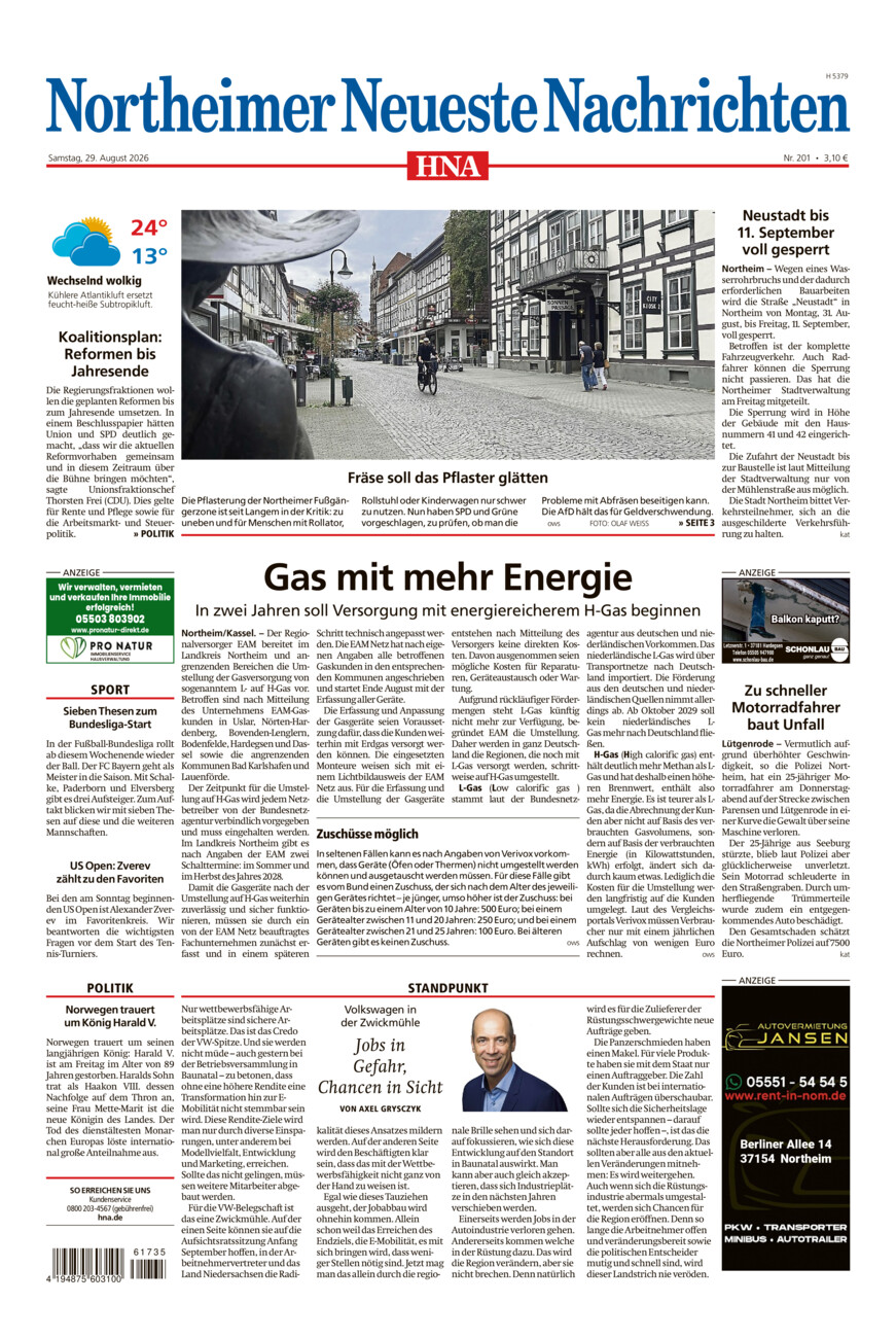 Northeimer Neueste Nachrichten vom Samstag, 29.08.2026