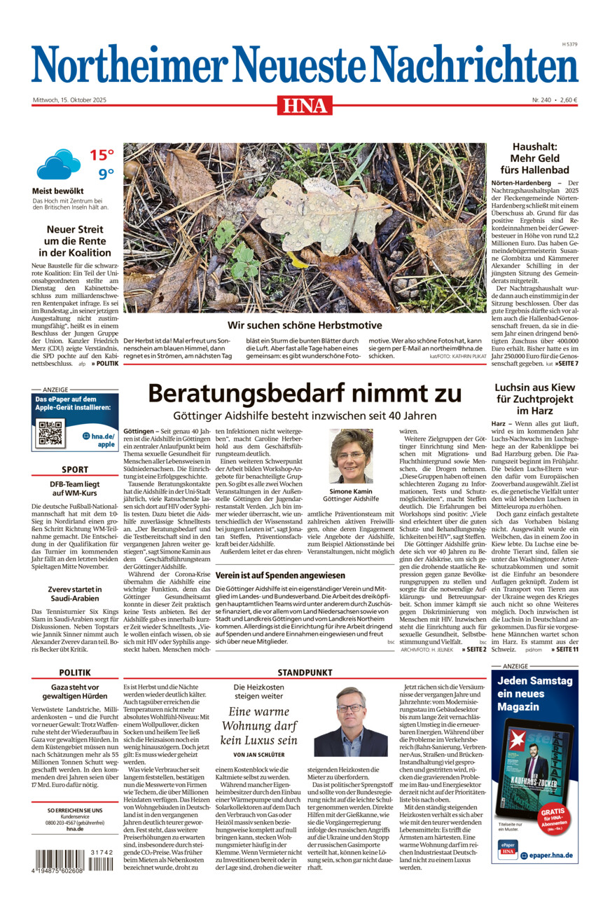 Northeimer Neueste Nachrichten vom Mittwoch, 15.10.2025