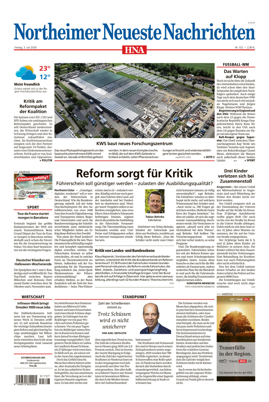 Northeimer Neueste Nachrichten vom Freitag, 03.07.2026