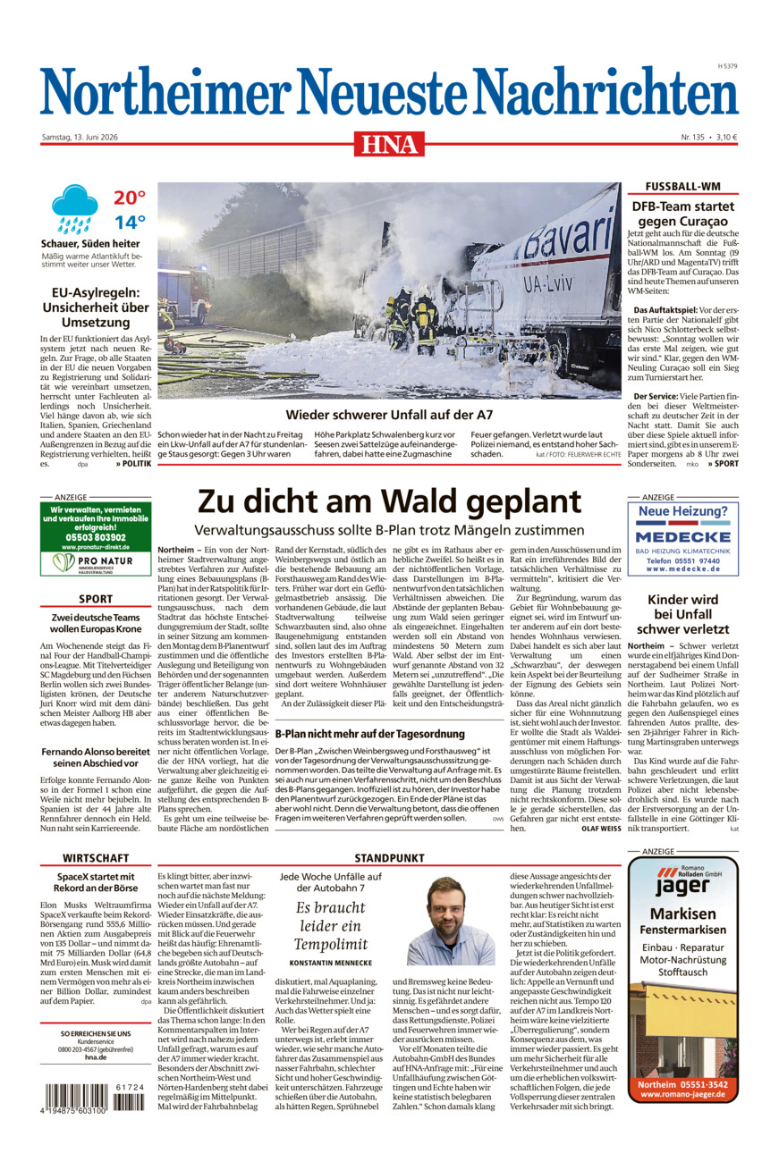 Northeimer Neueste Nachrichten vom Samstag, 13.06.2026