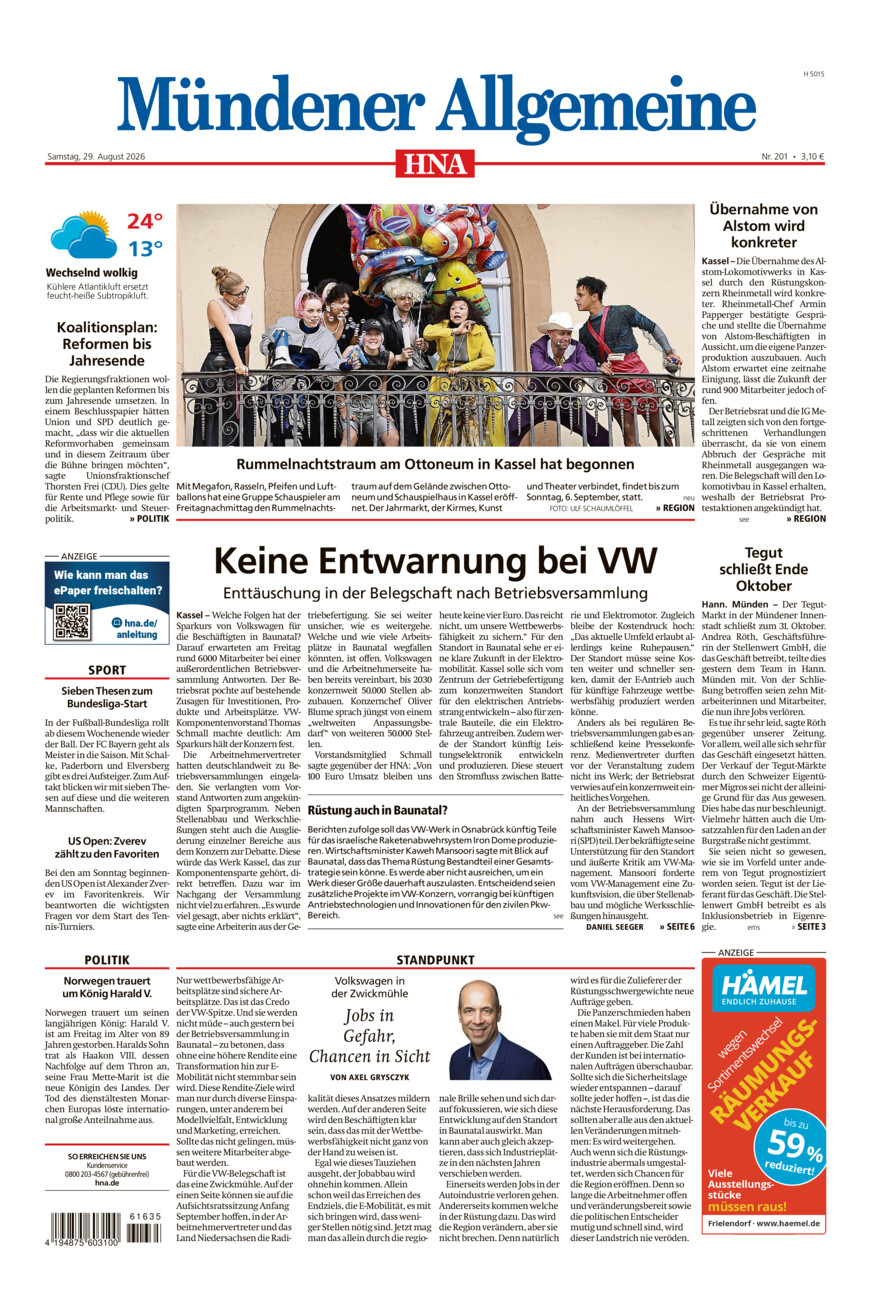 Mündener Allgemeine vom Samstag, 29.08.2026