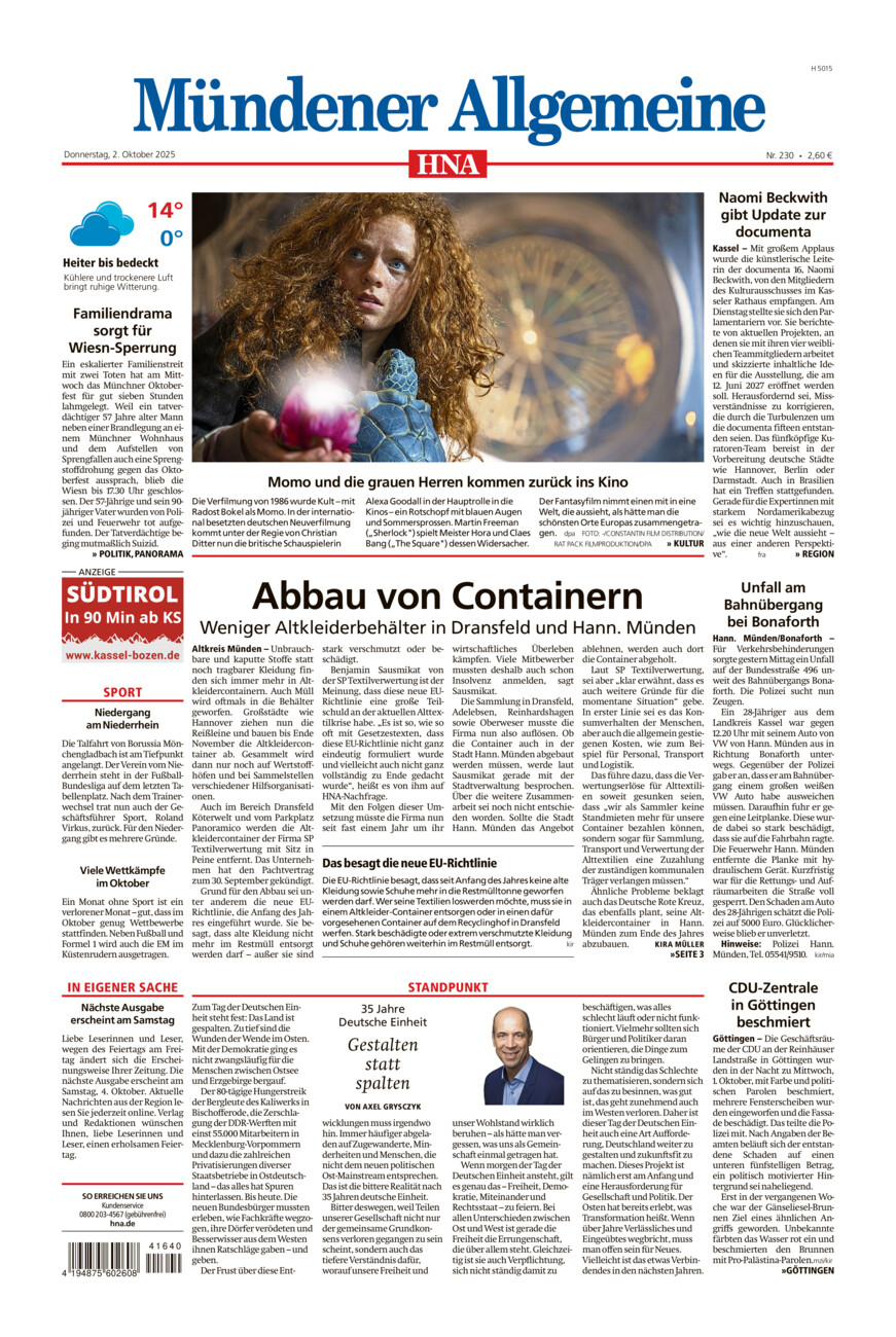 Mündener Allgemeine vom Donnerstag, 02.10.2025