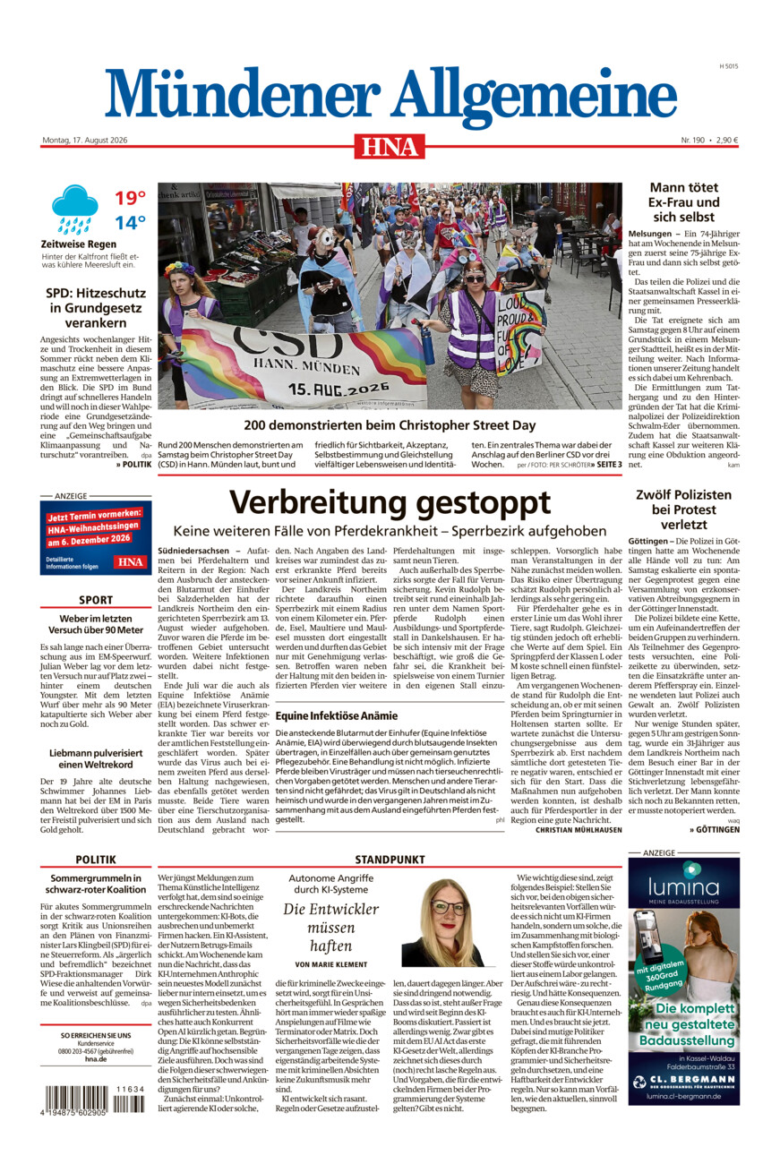 Mündener Allgemeine vom Montag, 17.08.2026