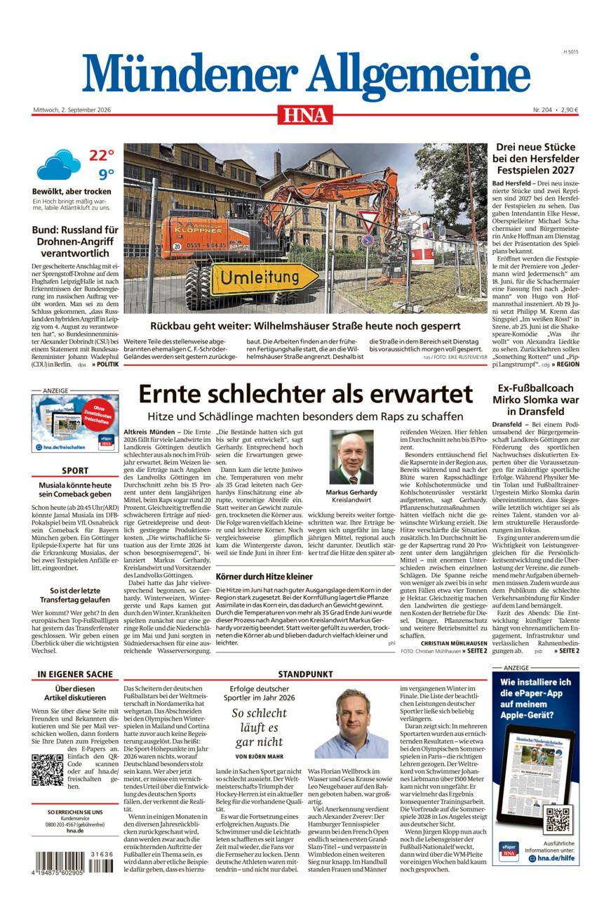 Mündener Allgemeine vom Mittwoch, 02.09.2026