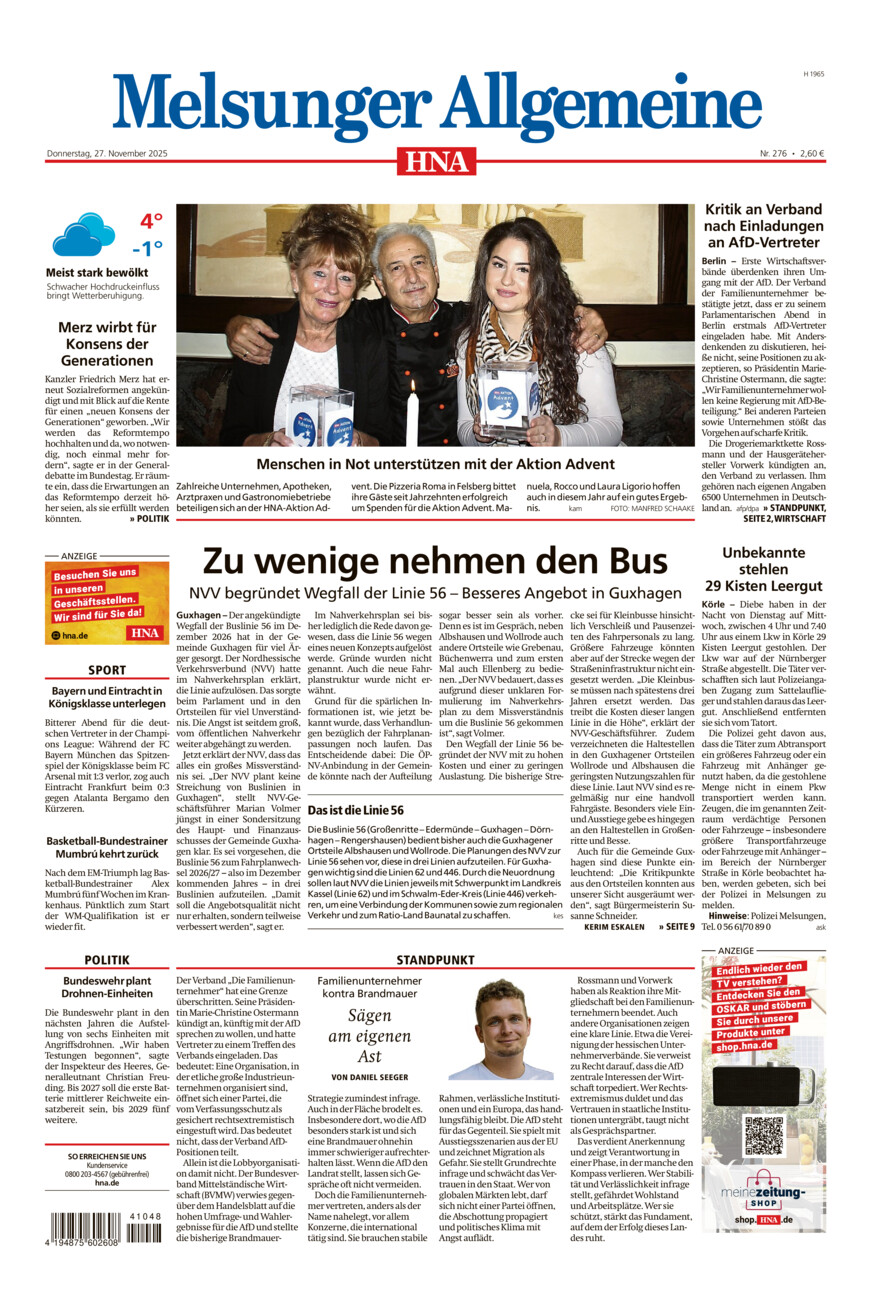 Melsunger Allgemeine vom Donnerstag, 27.11.2025