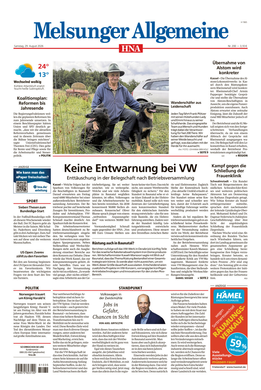 Melsunger Allgemeine vom Samstag, 29.08.2026