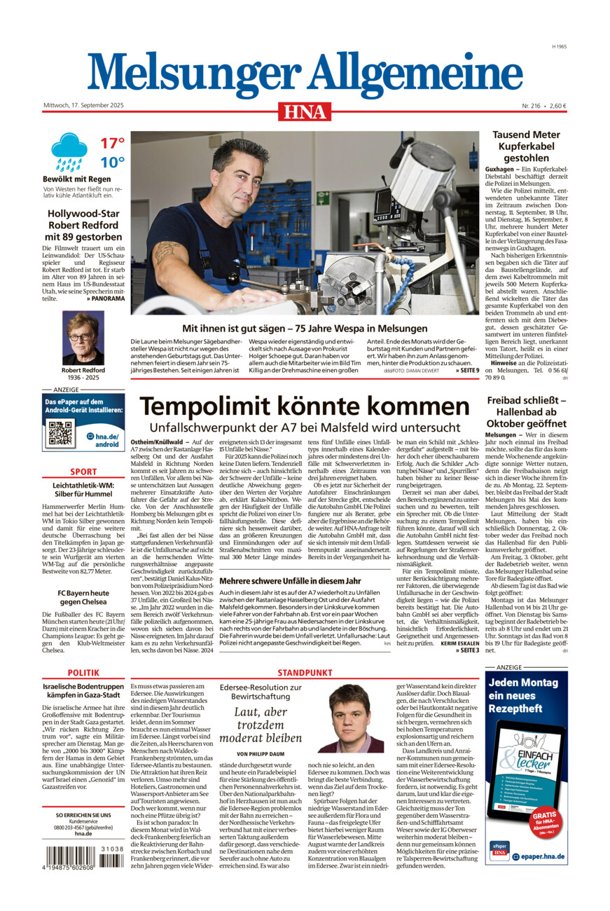 Melsunger Allgemeine vom Mittwoch, 17.09.2025
