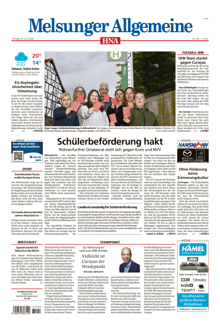 Melsunger Allgemeine vom Samstag, 13.06.2026