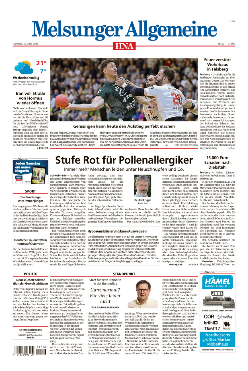 Melsunger Allgemeine vom Samstag, 18.04.2026