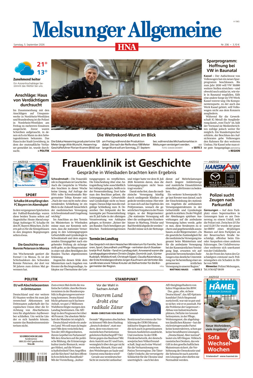 Melsunger Allgemeine vom Samstag, 05.09.2026