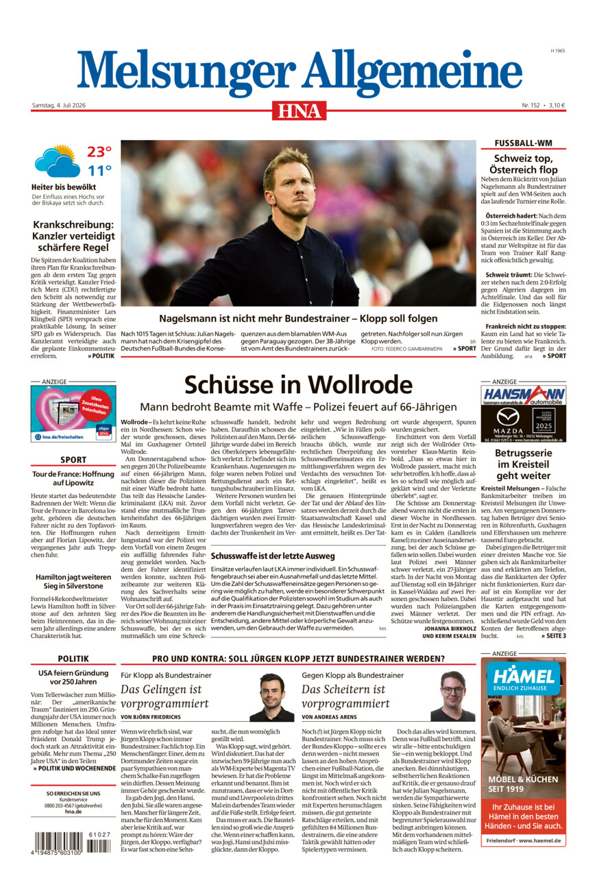 Melsunger Allgemeine vom Samstag, 04.07.2026