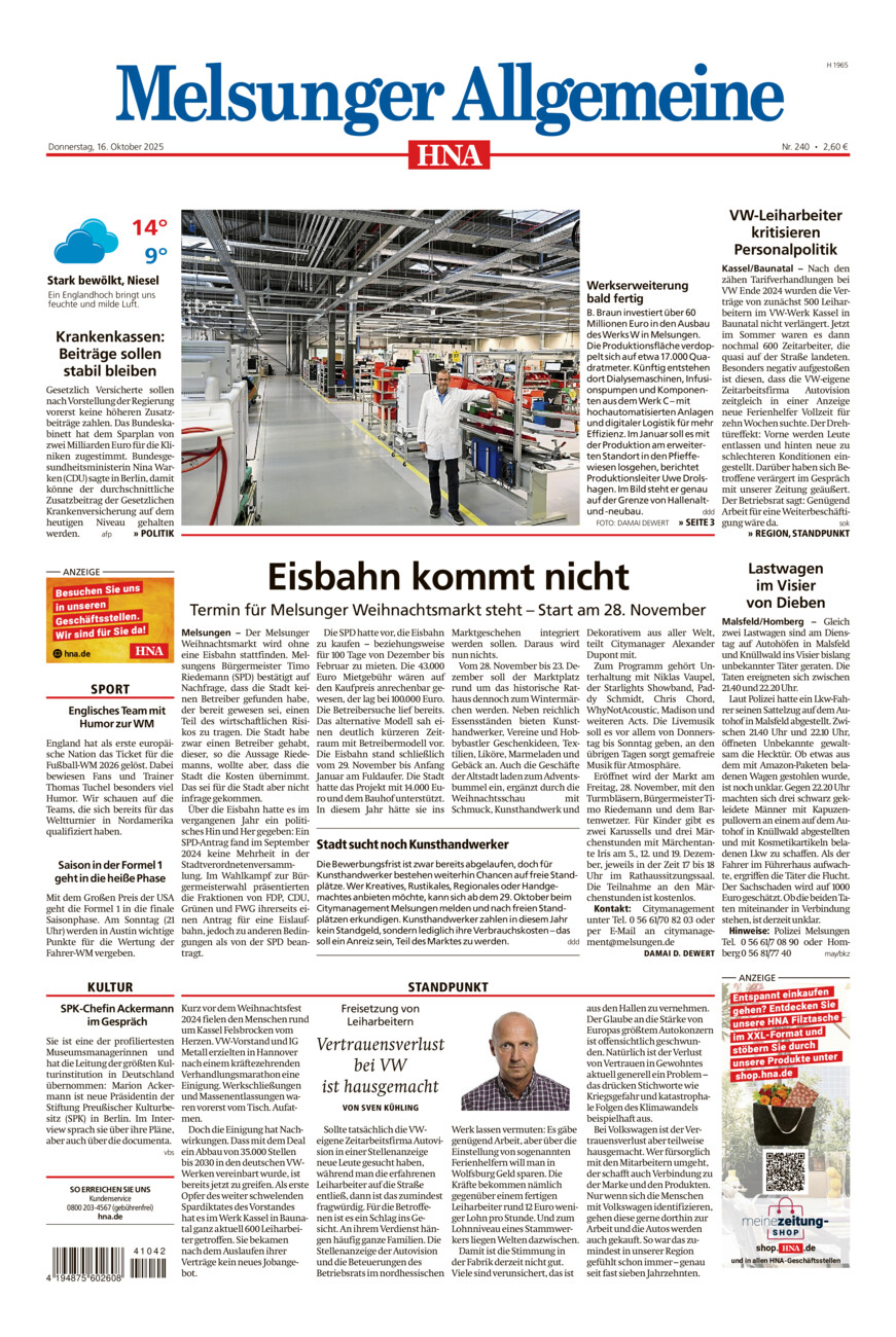 Melsunger Allgemeine vom Donnerstag, 16.10.2025