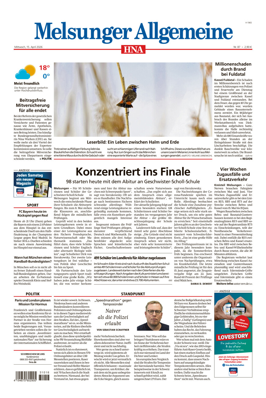 Melsunger Allgemeine vom Mittwoch, 15.04.2026