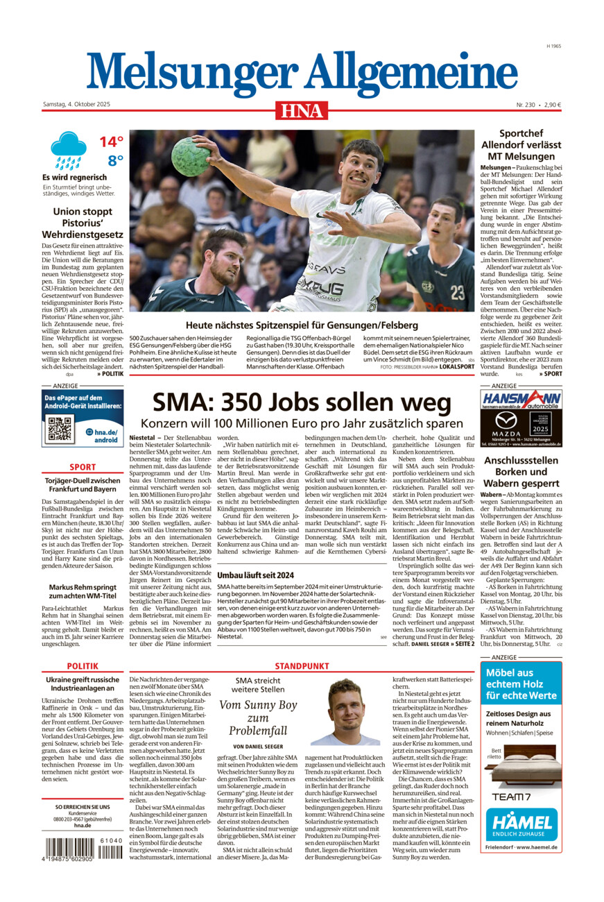 Melsunger Allgemeine vom Samstag, 04.10.2025