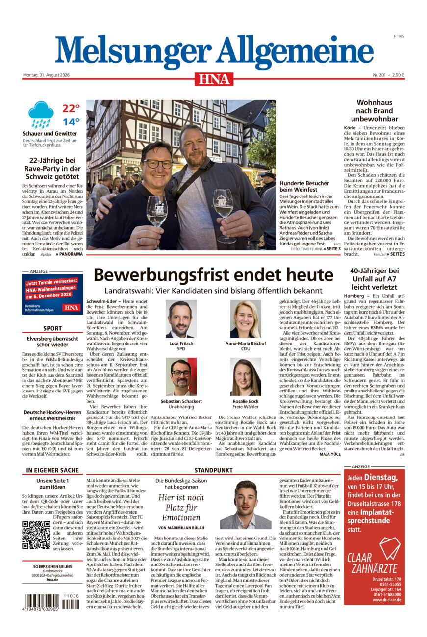 Melsunger Allgemeine vom Montag, 31.08.2026