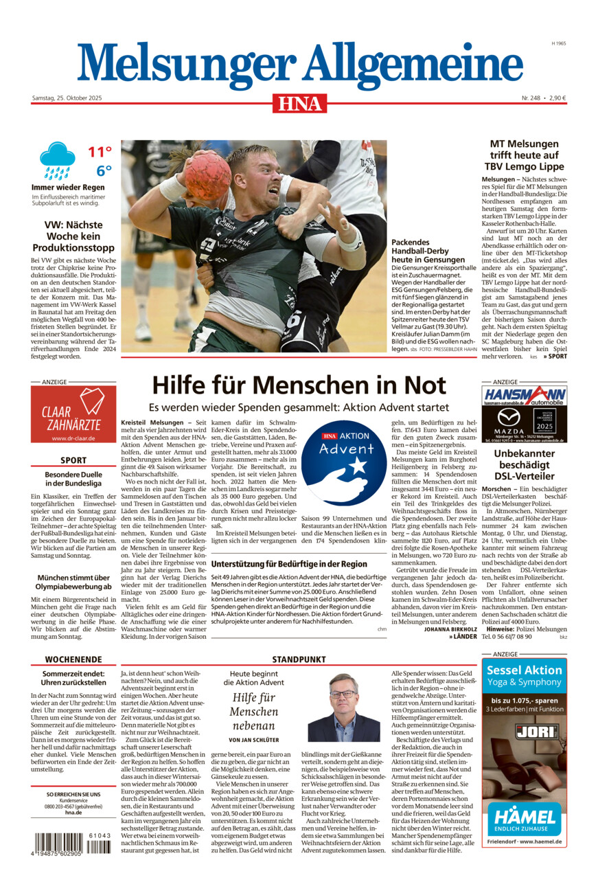 Melsunger Allgemeine vom Samstag, 25.10.2025