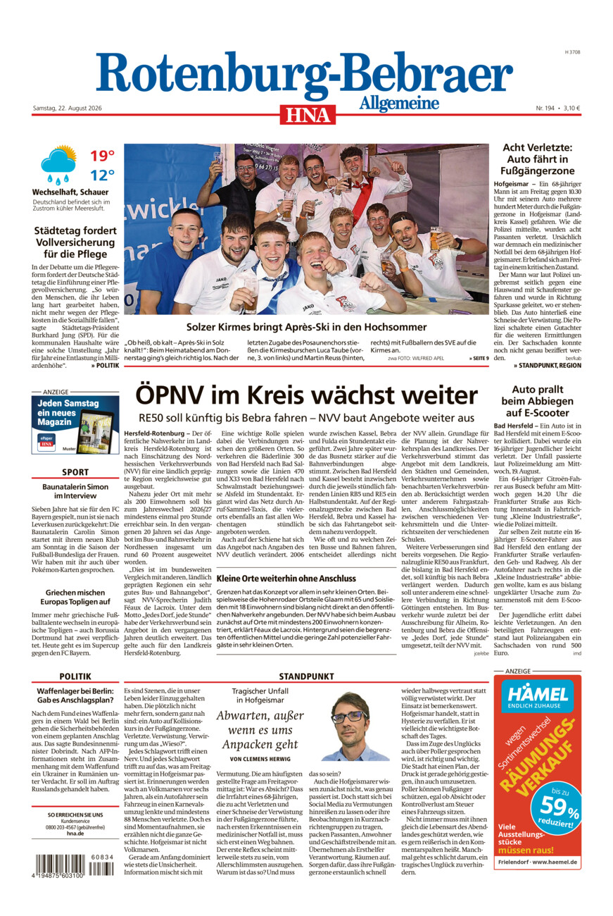 Rotenburg-Bebraer Allgemeine vom Samstag, 22.08.2026
