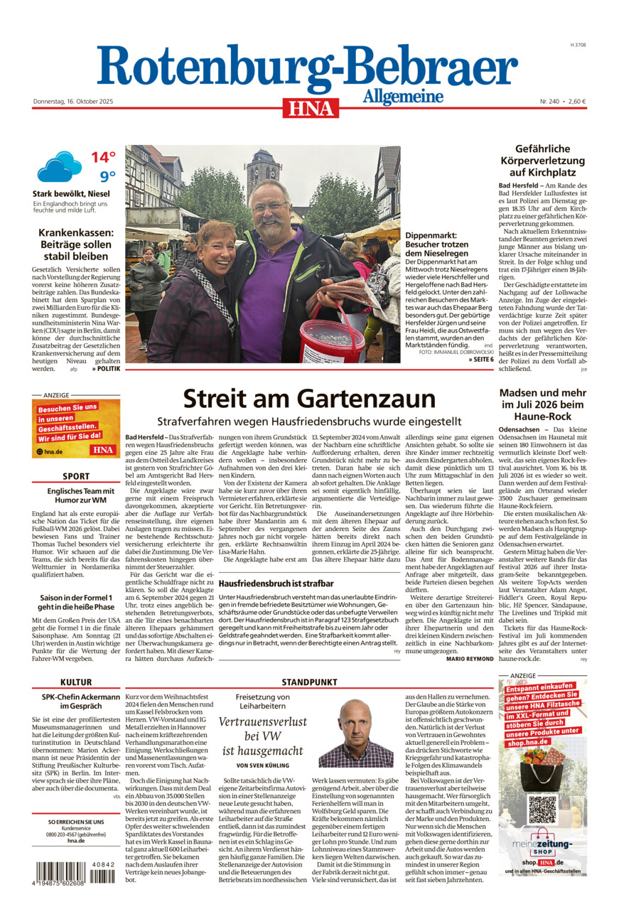 Rotenburg-Bebraer Allgemeine vom Donnerstag, 16.10.2025