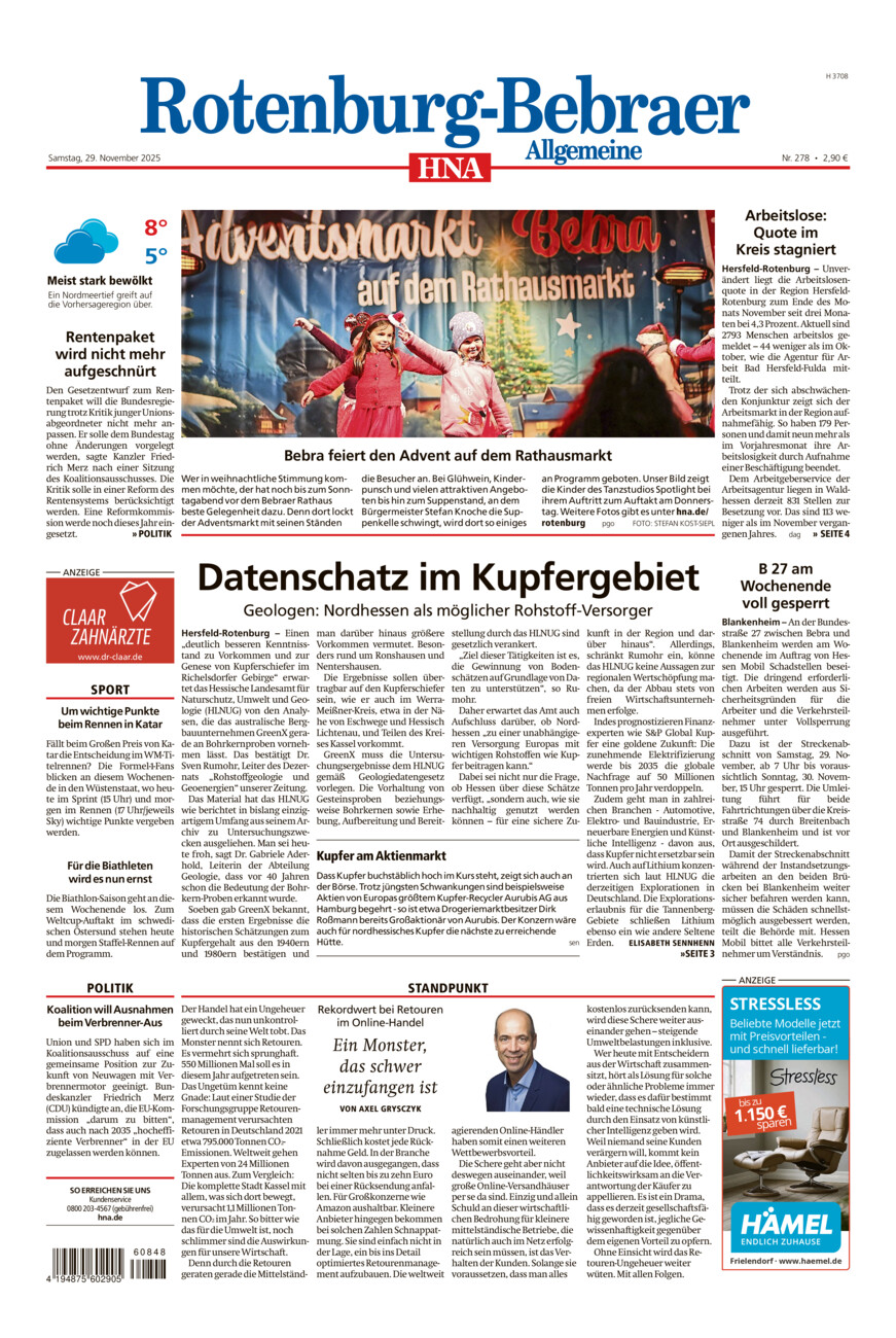 Rotenburg-Bebraer Allgemeine vom Samstag, 29.11.2025