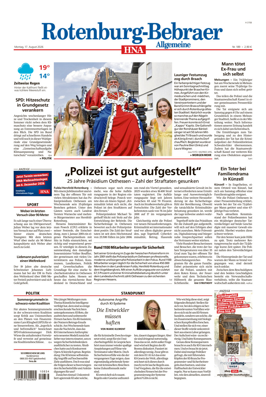 Rotenburg-Bebraer Allgemeine vom Montag, 17.08.2026
