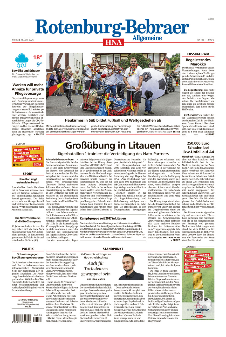 Rotenburg-Bebraer Allgemeine vom Montag, 15.06.2026
