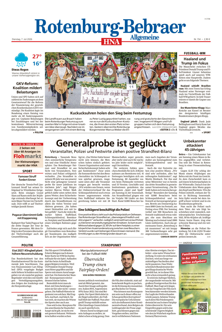 Rotenburg-Bebraer Allgemeine vom Dienstag, 07.07.2026