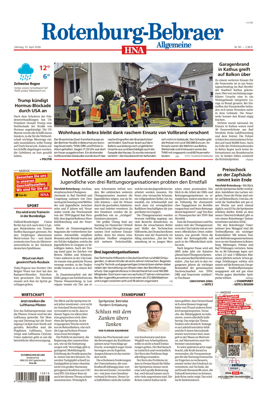 Rotenburg-Bebraer Allgemeine vom Montag, 13.04.2026