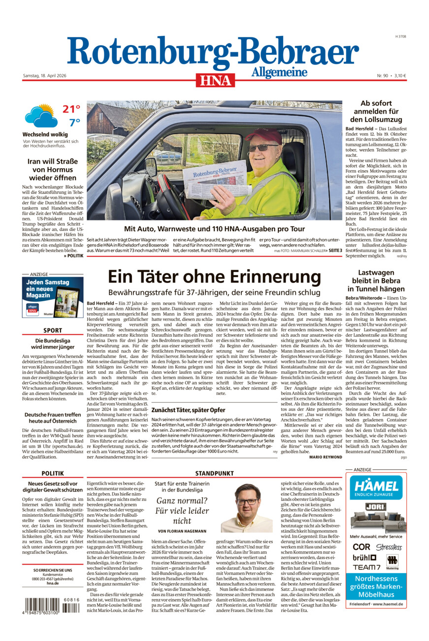 Rotenburg-Bebraer Allgemeine vom Samstag, 18.04.2026