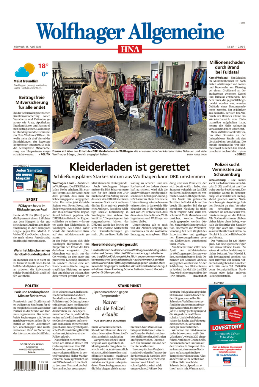 Wolfhager Allgemeine vom Mittwoch, 15.04.2026