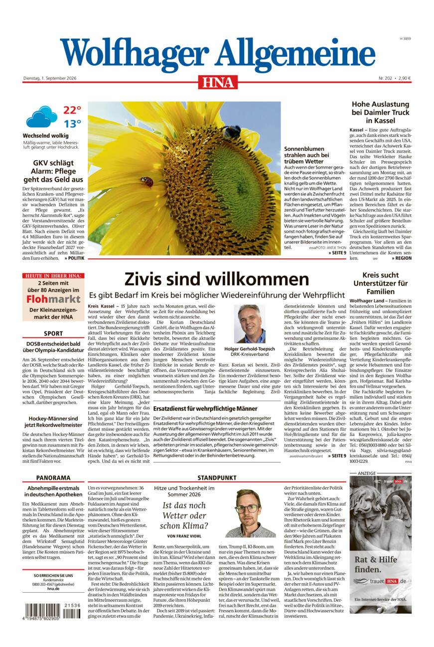 Wolfhager Allgemeine vom Dienstag, 01.09.2026