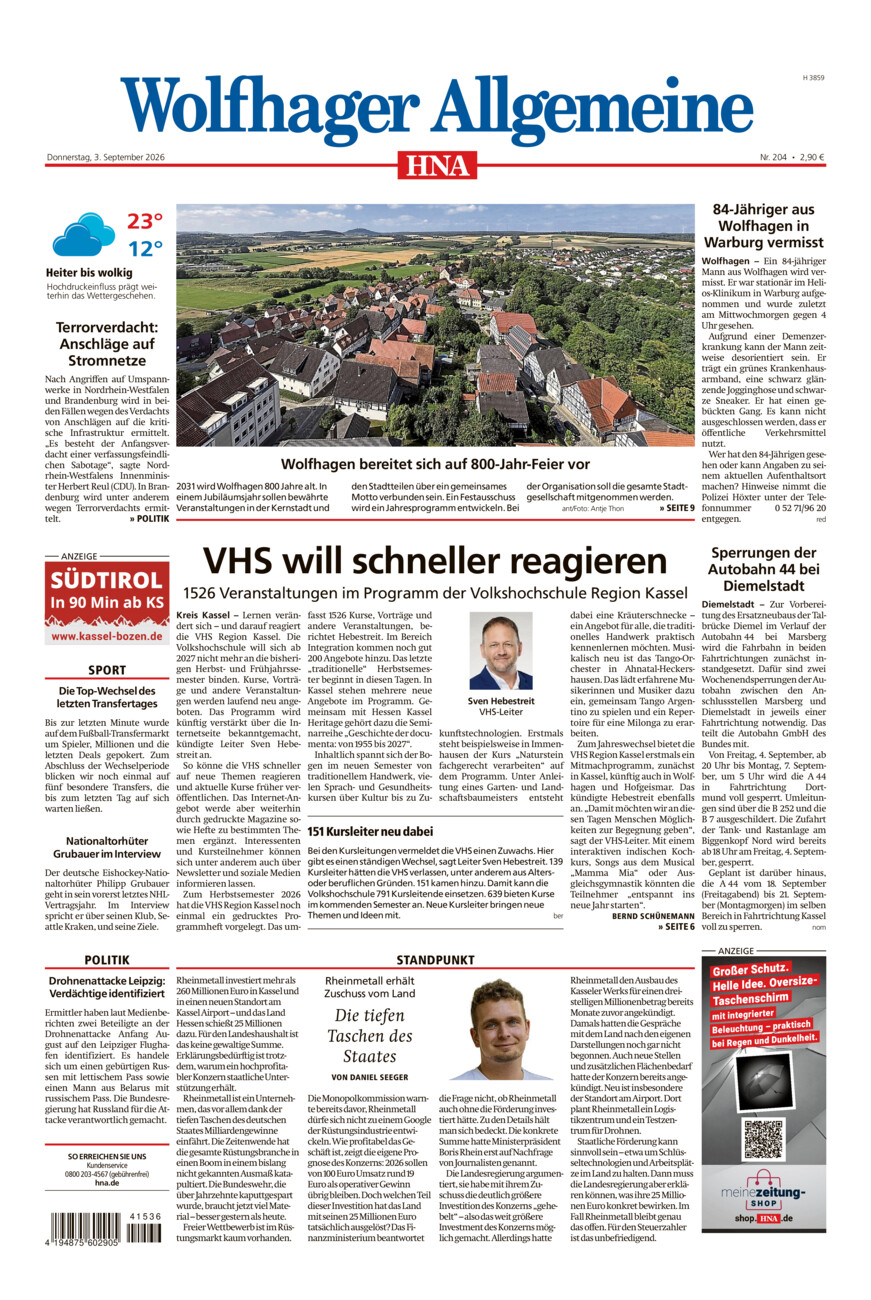 Wolfhager Allgemeine vom Donnerstag, 03.09.2026