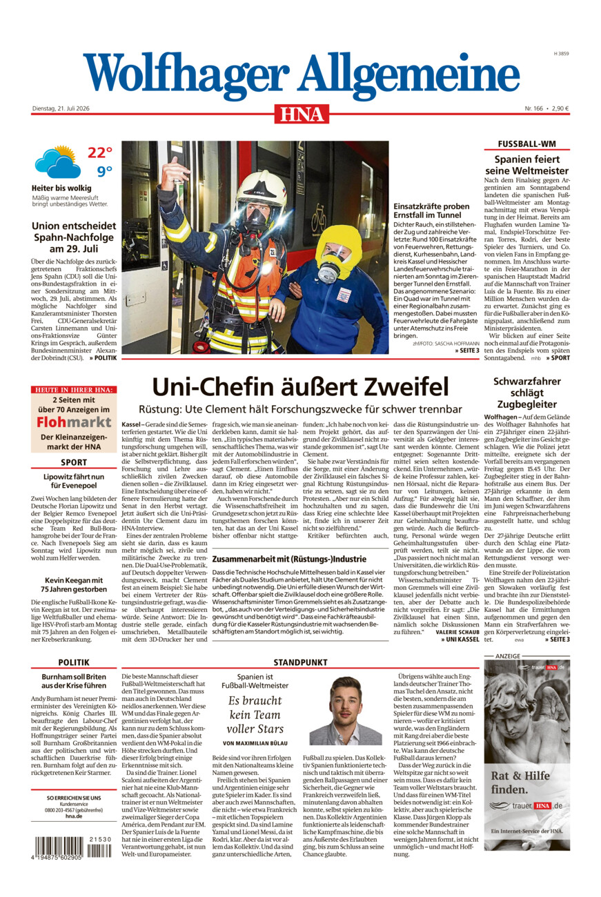 Wolfhager Allgemeine vom Dienstag, 21.07.2026