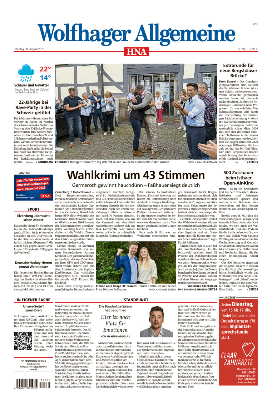 Wolfhager Allgemeine vom Montag, 31.08.2026