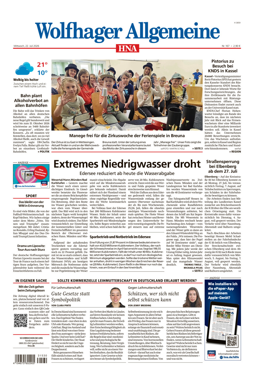 Wolfhager Allgemeine vom Mittwoch, 22.07.2026