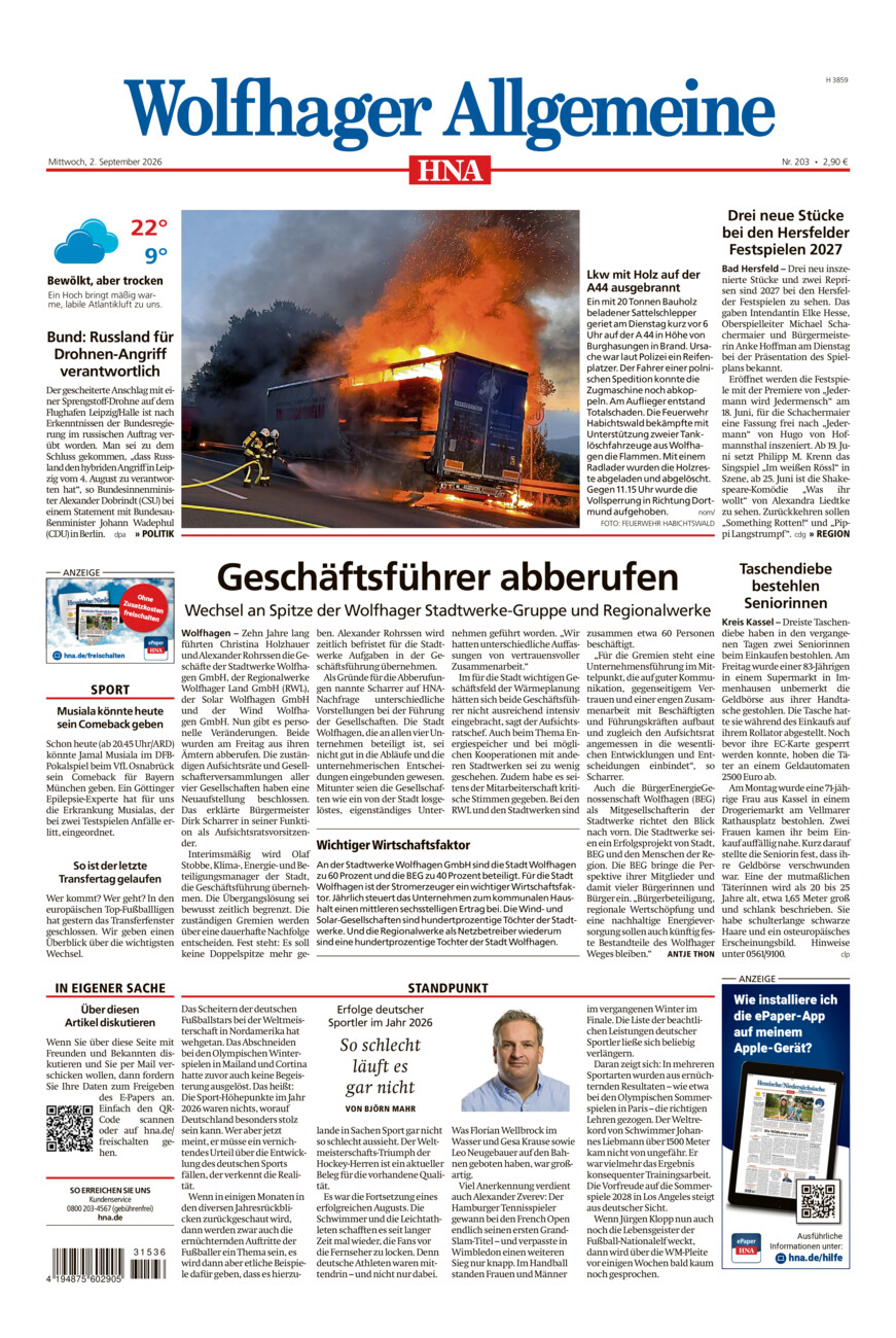 Wolfhager Allgemeine vom Mittwoch, 02.09.2026