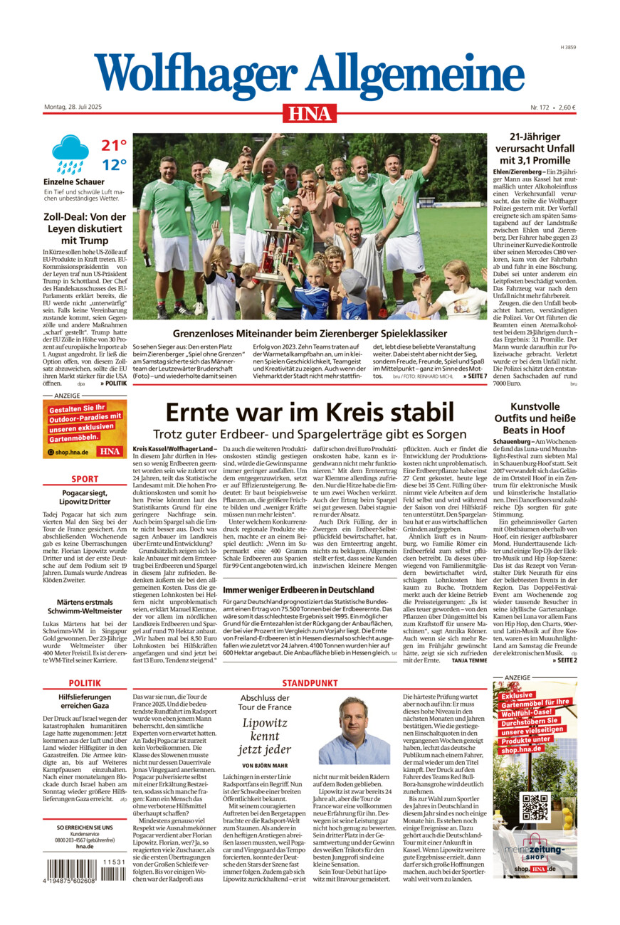 Wolfhager Allgemeine vom Montag, 28.07.2025