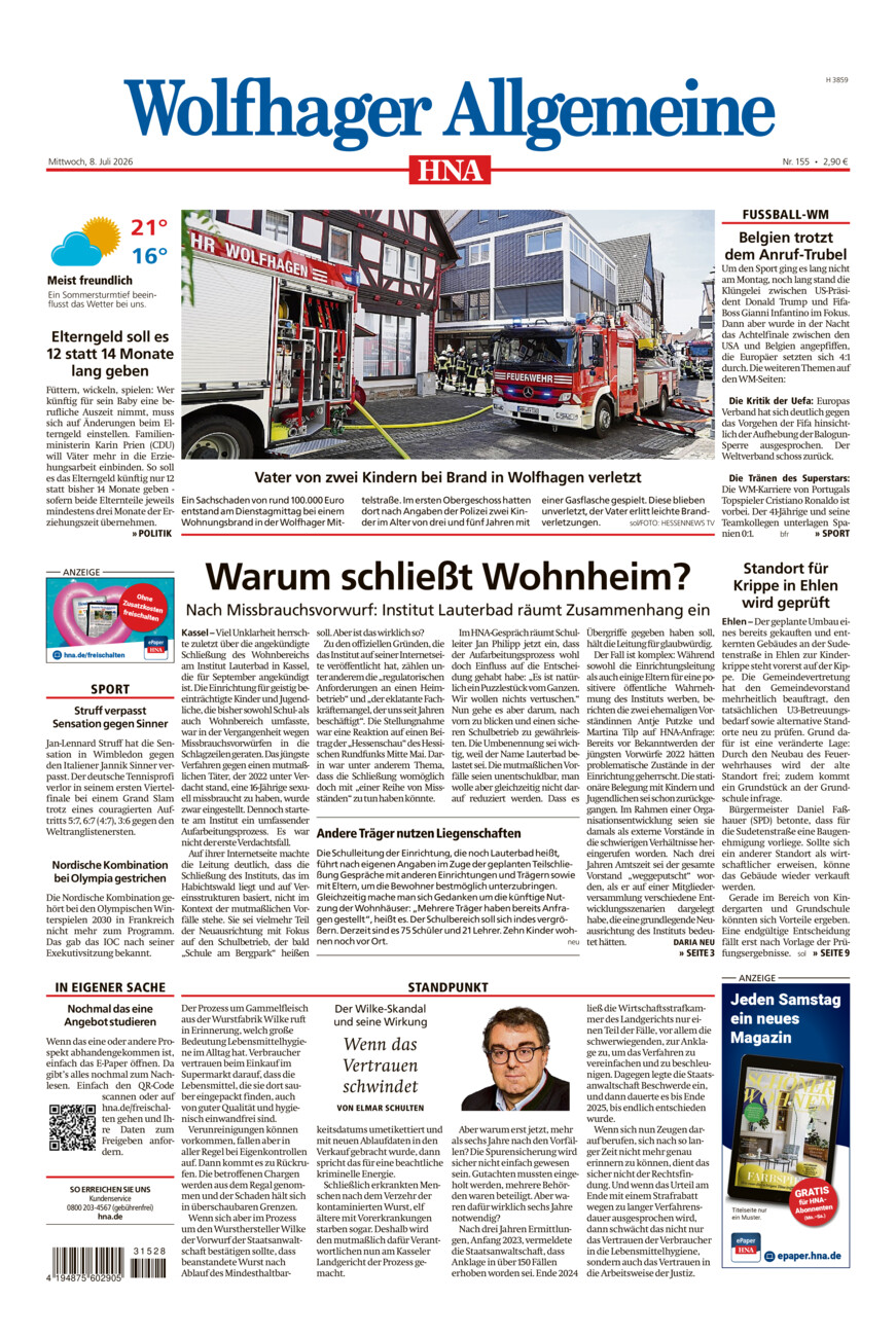 Wolfhager Allgemeine vom Mittwoch, 08.07.2026