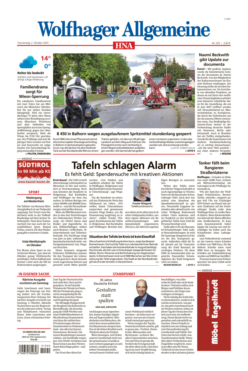 Wolfhager Allgemeine vom Donnerstag, 02.10.2025