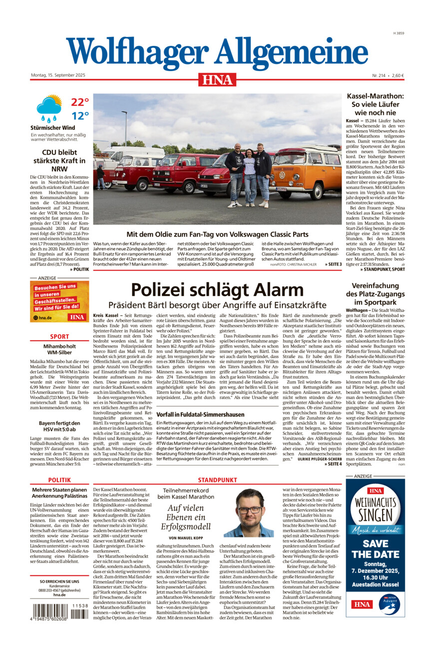 Wolfhager Allgemeine vom Montag, 15.09.2025