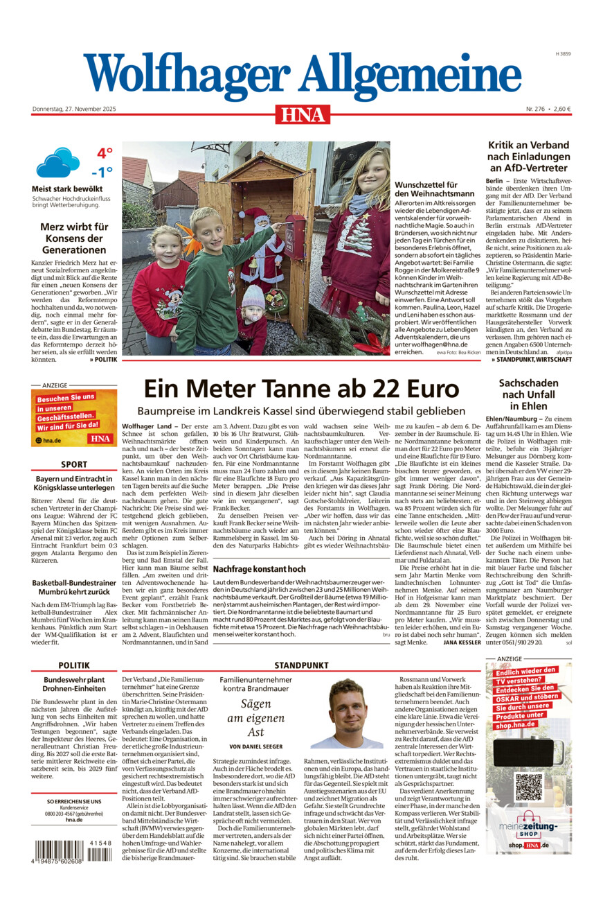 Wolfhager Allgemeine vom Donnerstag, 27.11.2025
