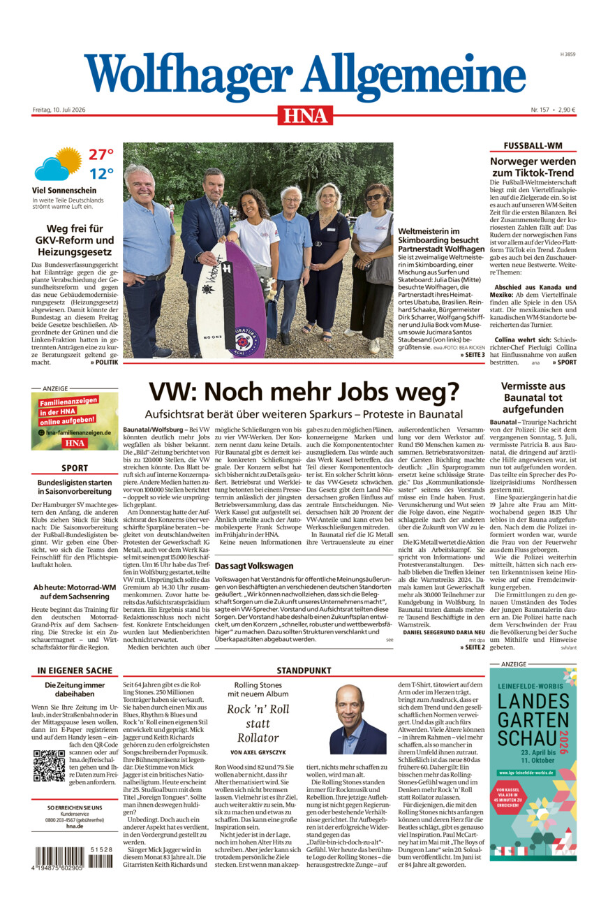 Wolfhager Allgemeine vom Freitag, 10.07.2026