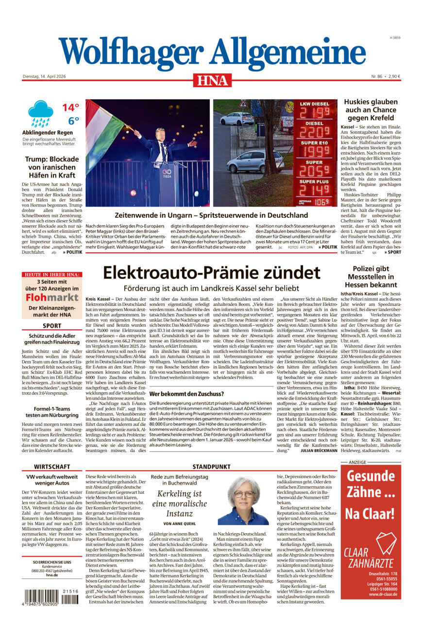 Wolfhager Allgemeine vom Dienstag, 14.04.2026