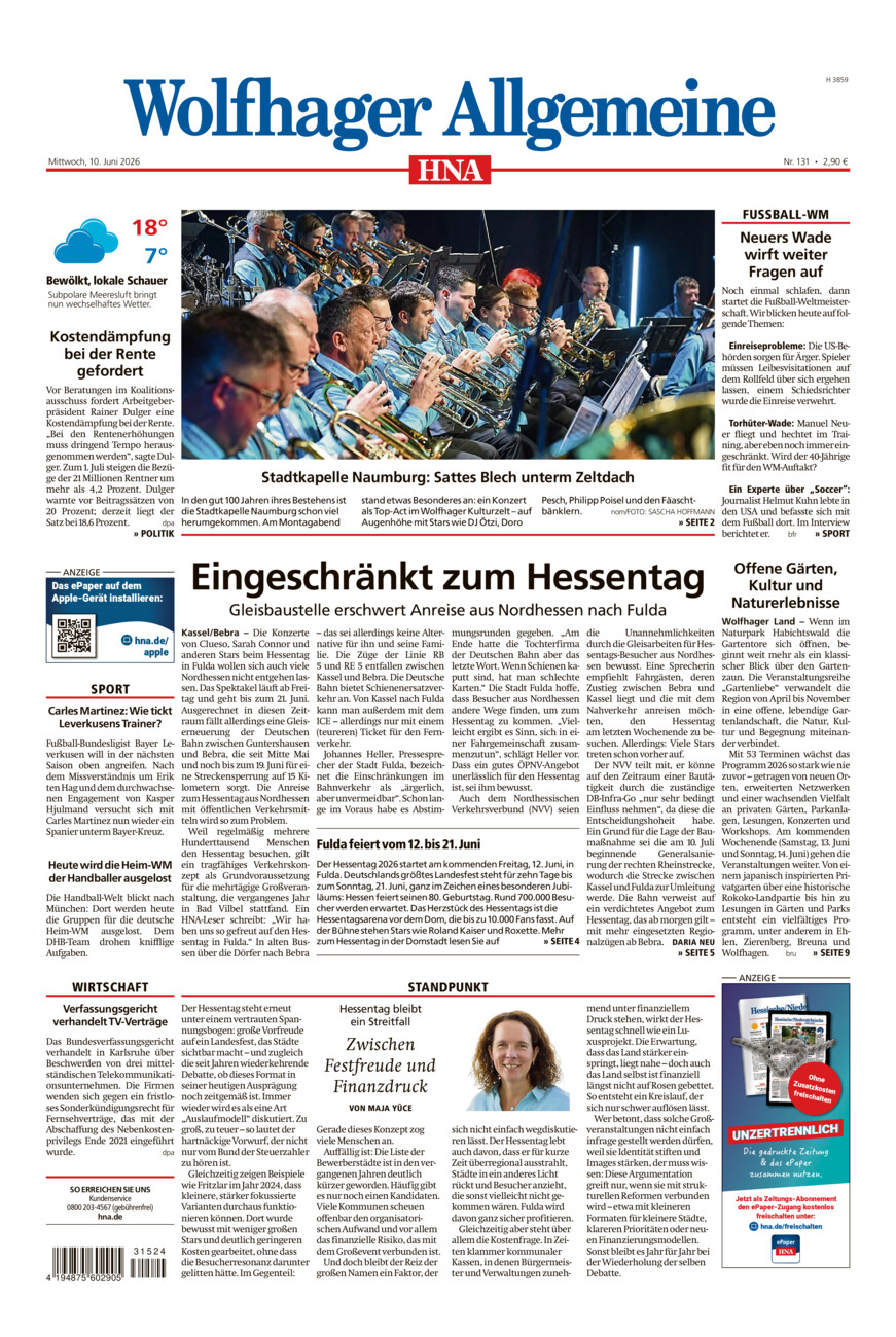 Wolfhager Allgemeine vom Mittwoch, 10.06.2026