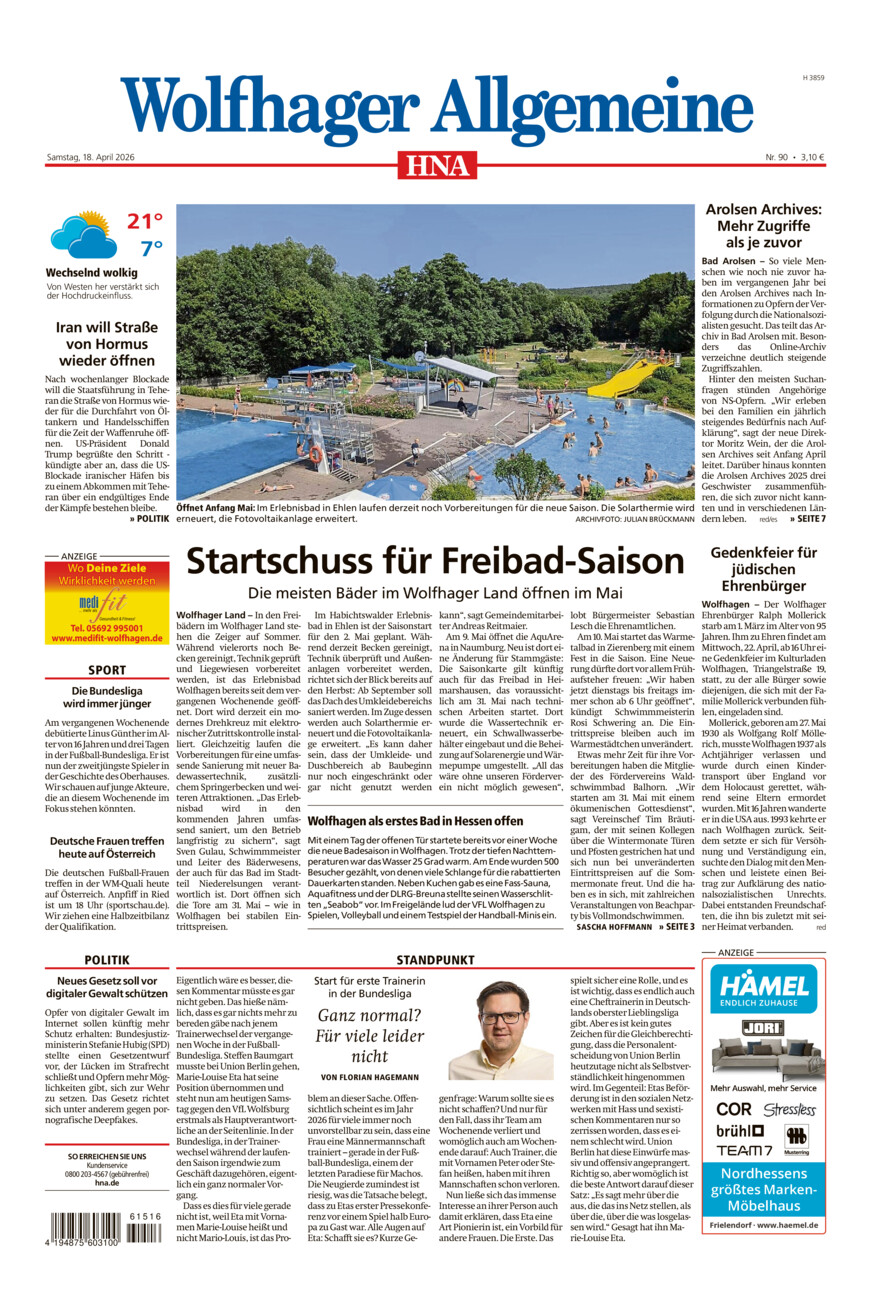 Wolfhager Allgemeine vom Samstag, 18.04.2026